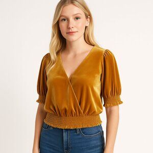 Madewell Mustard Velvet Top Blouse Smocked Waist V Neck Puff Short Sleeve XS